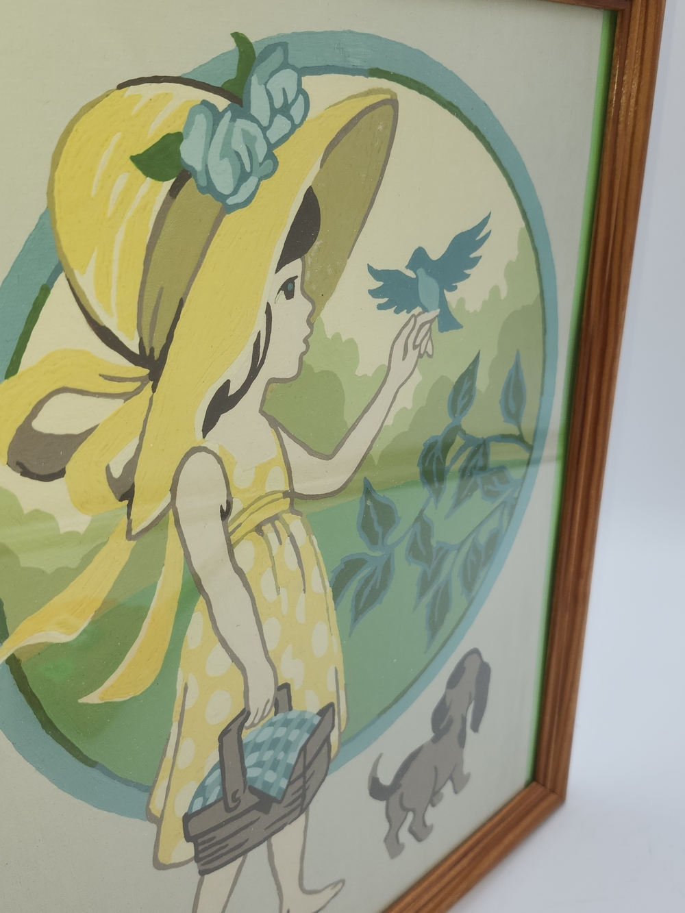 Vintage Paint By Number Girl Dog Framed Cottagecore Art Wall Garden 12x14